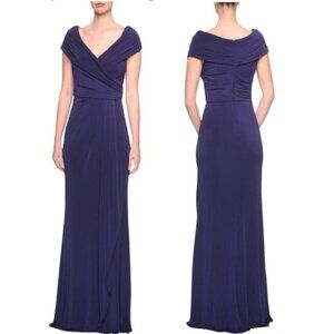 La Femme Ruched Jersey Column Gown in Navy  Size 10